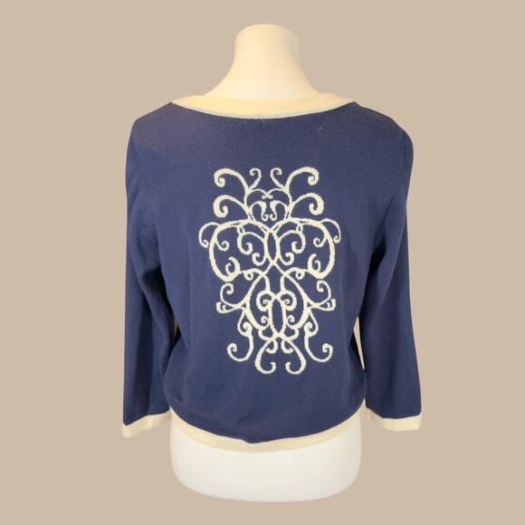 Lilly Pulitzer Navy Cream Merino Wool Silk Lined Knit Cardigan Sweater Large - Picture 2 of 13
